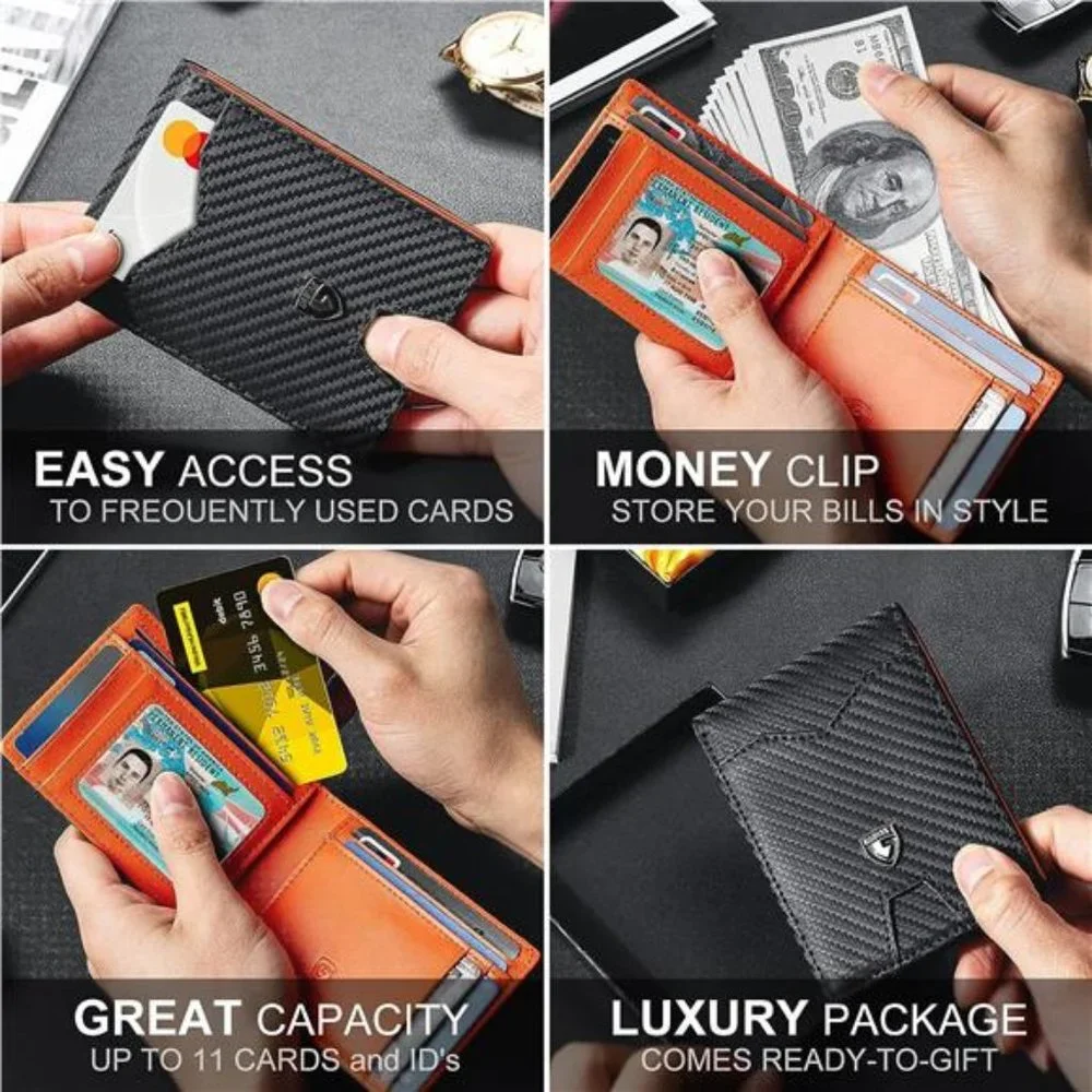 Mens Slim Wallet - Carbon Fiber & Rfid Blocking Credit Card Holder With Gift Box